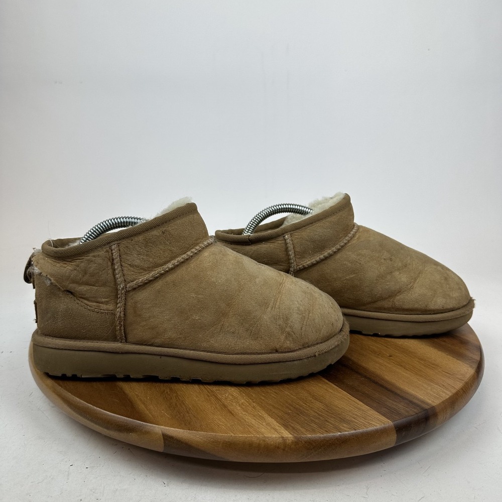 Womens Ugg Classic Ultra‎ Mini Tan Shearling Lined Comfort Boots Size 7 M GUC